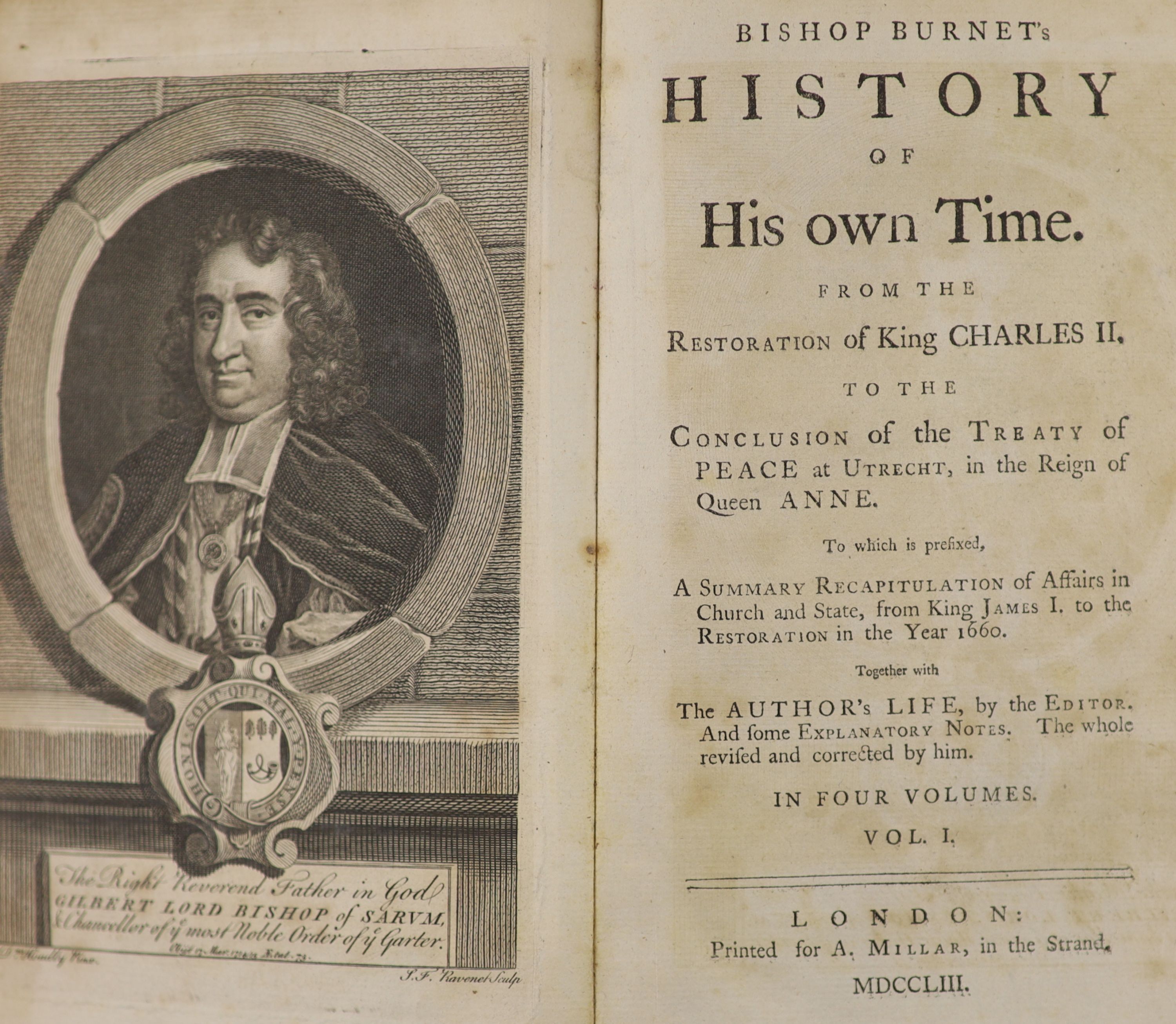 Burnet, Gilbert Bishop - History of his own time. From the Restoration of King Charles II, to the Conclusion of the Treaty of Peace at Utrecht, in the reign of Queen Anne…4 vols. Frontis to volume 1. Lightly speckled cal
